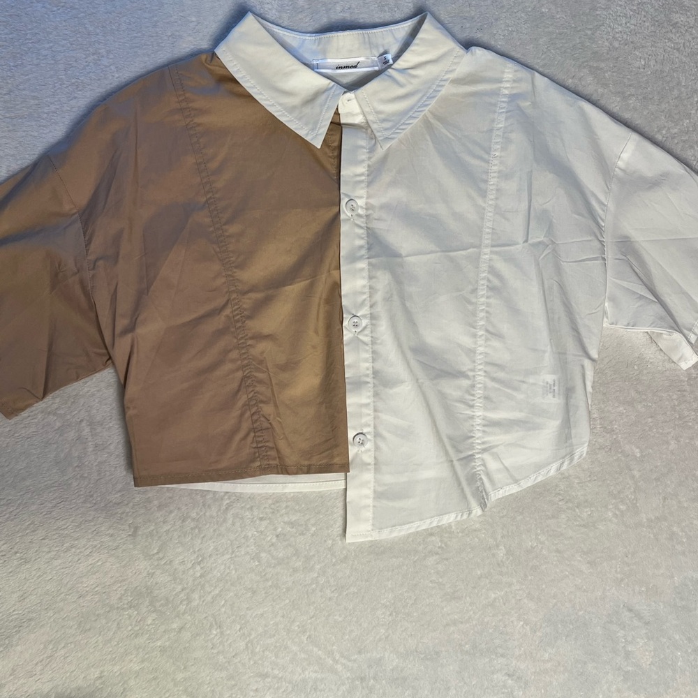 Two-Tone Cropped Button-Down Shirt — White & Brown